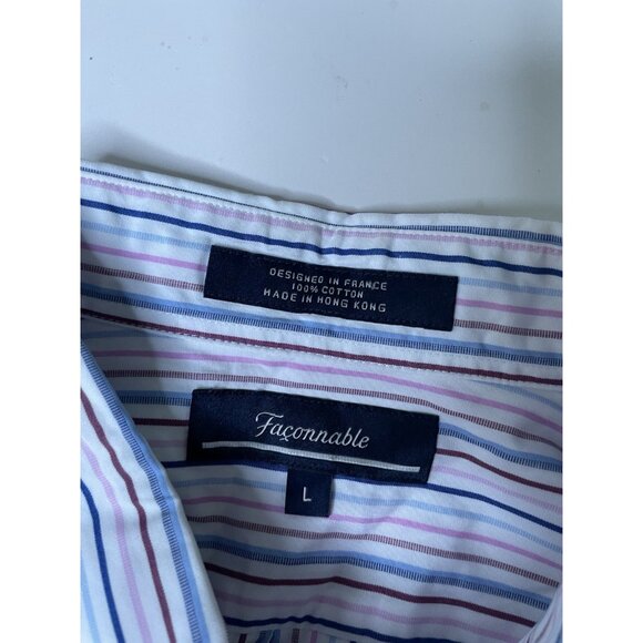 Faconnable Shirt Mens Button Down Shirt Short Sleeve Casual Blue Pink Striped L - Picture 3 of 7
